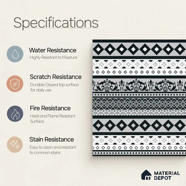 Moroccan Wall & Floor Carpet Border Tile TL 11149 Monochrome Tapestry 1 ft x 1 ft Ceramic Matte Finish Tile - 10 mm | Suitable For Living Room, Kitchen, Dining Area