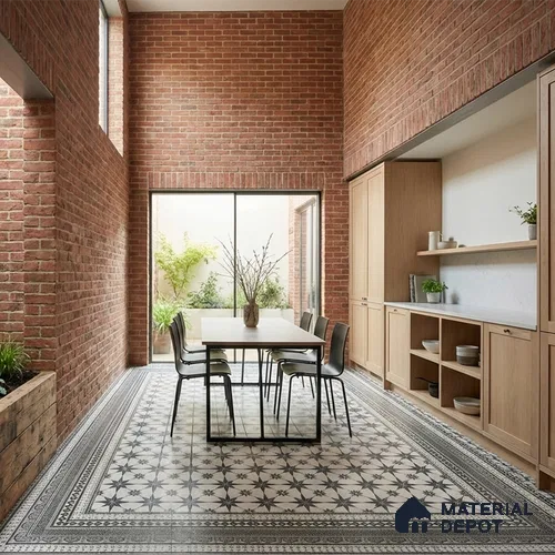 Moroccan Wall & Floor Carpet Corner Tile TL 11150 Monochrome Manor 1 ft x 1 ft Ceramic Matte Finish Tile - 10 mm | Suitable For Living Room, Kitchen, Dining Area