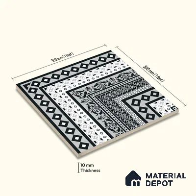 Moroccan Wall & Floor Carpet Corner Tile TL 11150 Monochrome Manor 1 ft x 1 ft Ceramic Matte Finish Tile - 10 mm | Suitable For Living Room, Kitchen, Dining Area