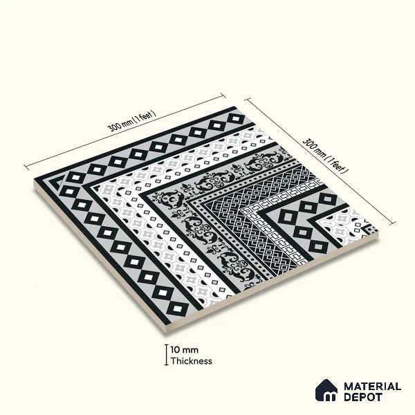 Moroccan Wall & Floor Carpet Corner Tile TL 11150 Monochrome Manor 1 ft x 1 ft Ceramic Matte Finish Tile - 10 mm | Suitable For Living Room, Kitchen, Dining Area