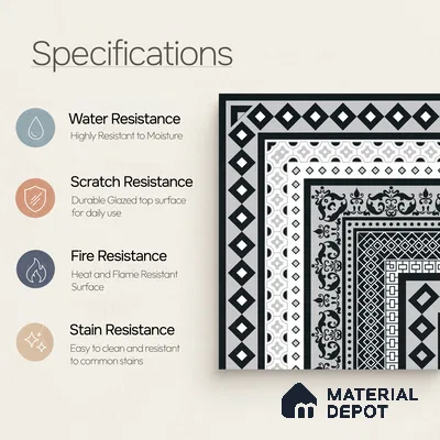 Moroccan Wall & Floor Carpet Corner Tile TL 11150 Monochrome Manor 1 ft x 1 ft Ceramic Matte Finish Tile - 10 mm | Suitable For Living Room, Kitchen, Dining Area