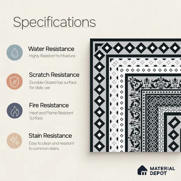 Moroccan Wall & Floor Carpet Corner Tile TL 11150 Monochrome Manor 1 ft x 1 ft Ceramic Matte Finish Tile - 10 mm | Suitable For Living Room, Kitchen, Dining Area