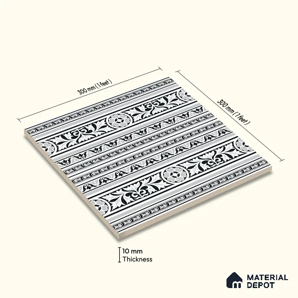 Moroccan Monochrome Wall & Floor Carpet Border Tile TL 11151 Ornate Laurel 1 ft x 1 ft Ceramic Matte Finish Tile - 10 mm | Suitable For Living Room, Kitchen, Dining Area