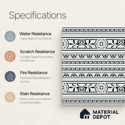 Moroccan Monochrome Wall & Floor Carpet Border Tile TL 11151 Ornate Laurel 1 ft x 1 ft Ceramic Matte Finish Tile - 10 mm | Suitable For Living Room, Kitchen, Dining Area