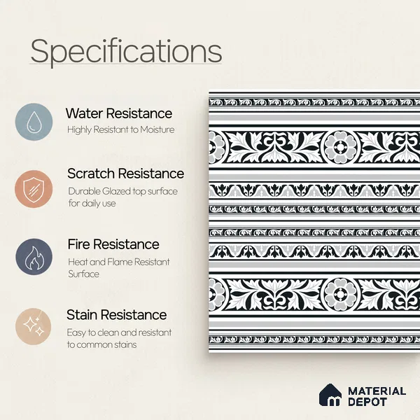 Moroccan Monochrome Wall & Floor Carpet Border Tile TL 11151 Ornate Laurel 1 ft x 1 ft Ceramic Matte Finish Tile - 10 mm | Suitable For Living Room, Kitchen, Dining Area