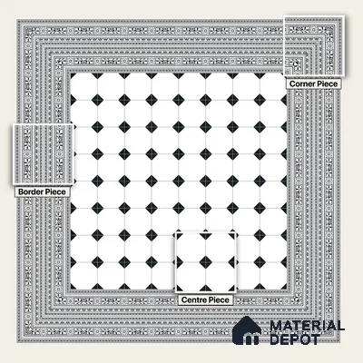Moroccan Monochrome Wall & Floor Carpet Corner Tile TL 11152 Baroque Laurel 1 ft x 1 ft Ceramic Matte Finish Tile - 10 mm | Suitable For Living Room, Kitchen, Dining Area