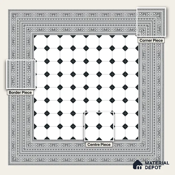 Moroccan Monochrome Wall & Floor Carpet Corner Tile TL 11152 Baroque Laurel 1 ft x 1 ft Ceramic Matte Finish Tile - 10 mm | Suitable For Living Room, Kitchen, Dining Area