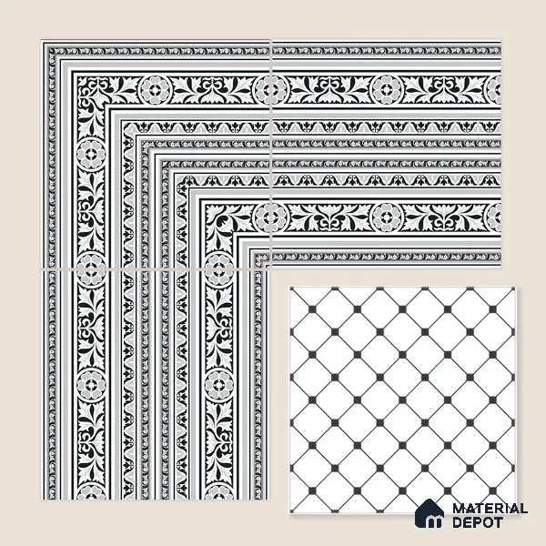 Moroccan Monochrome Wall & Floor Carpet Corner Tile TL 11152 Baroque Laurel 1 ft x 1 ft Ceramic Matte Finish Tile - 10 mm | Suitable For Living Room, Kitchen, Dining Area