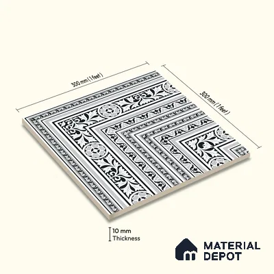 Moroccan Monochrome Wall & Floor Carpet Corner Tile TL 11152 Baroque Laurel 1 ft x 1 ft Ceramic Matte Finish Tile - 10 mm | Suitable For Living Room, Kitchen, Dining Area