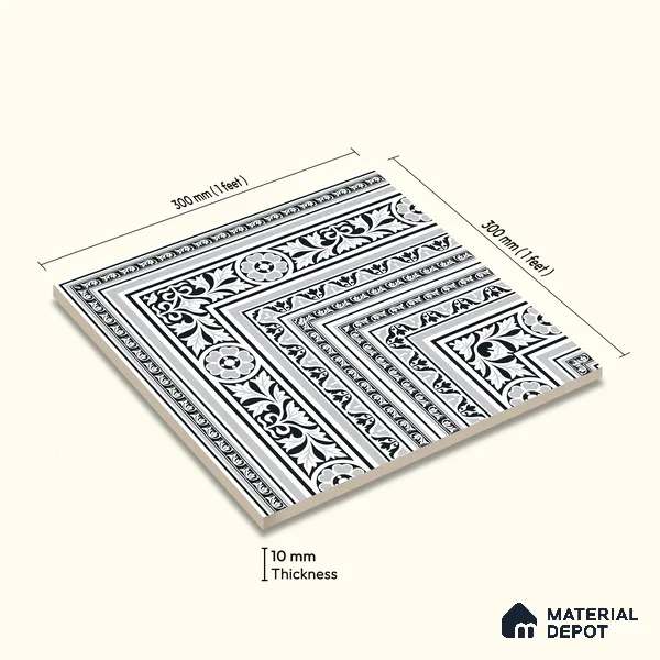 Moroccan Monochrome Wall & Floor Carpet Corner Tile TL 11152 Baroque Laurel 1 ft x 1 ft Ceramic Matte Finish Tile - 10 mm | Suitable For Living Room, Kitchen, Dining Area