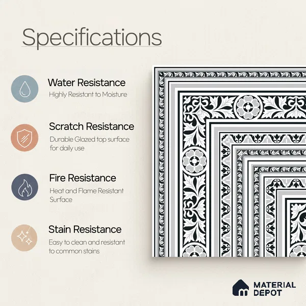 Moroccan Monochrome Wall & Floor Carpet Corner Tile TL 11152 Baroque Laurel 1 ft x 1 ft Ceramic Matte Finish Tile - 10 mm | Suitable For Living Room, Kitchen, Dining Area