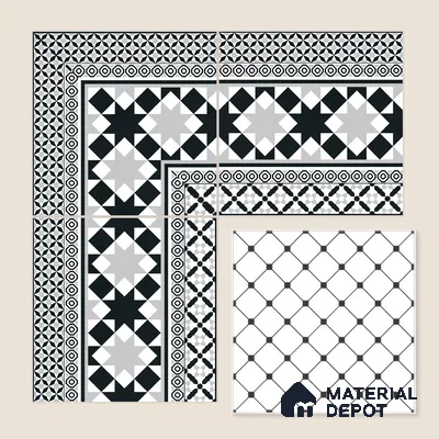 Moroccan Wall & Floor Carpet Border Tile TL 11153 Monochrome Majlis 1 ft x 1 ft Ceramic Matte Finish Tile - 10 mm | Suitable For Living Room, Kitchen, Dining Area
