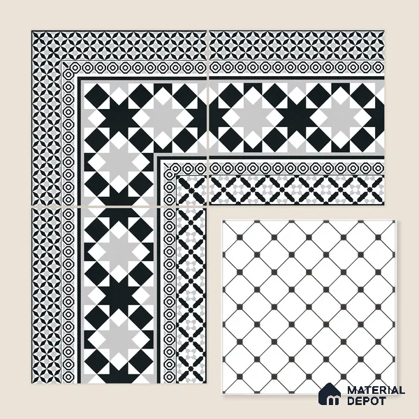 Moroccan Wall & Floor Carpet Border Tile TL 11153 Monochrome Majlis 1 ft x 1 ft Ceramic Matte Finish Tile - 10 mm | Suitable For Living Room, Kitchen, Dining Area