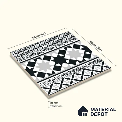 Moroccan Wall & Floor Carpet Border Tile TL 11153 Monochrome Majlis 1 ft x 1 ft Ceramic Matte Finish Tile - 10 mm | Suitable For Living Room, Kitchen, Dining Area
