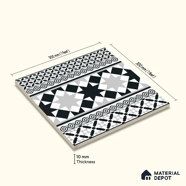 Moroccan Wall & Floor Carpet Border Tile TL 11153 Monochrome Majlis 1 ft x 1 ft Ceramic Matte Finish Tile - 10 mm | Suitable For Living Room, Kitchen, Dining Area