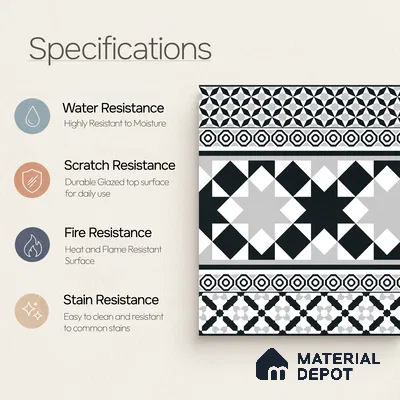 Moroccan Wall & Floor Carpet Border Tile TL 11153 Monochrome Majlis 1 ft x 1 ft Ceramic Matte Finish Tile - 10 mm | Suitable For Living Room, Kitchen, Dining Area