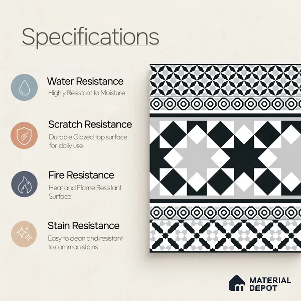 Moroccan Wall & Floor Carpet Border Tile TL 11153 Monochrome Majlis 1 ft x 1 ft Ceramic Matte Finish Tile - 10 mm | Suitable For Living Room, Kitchen, Dining Area