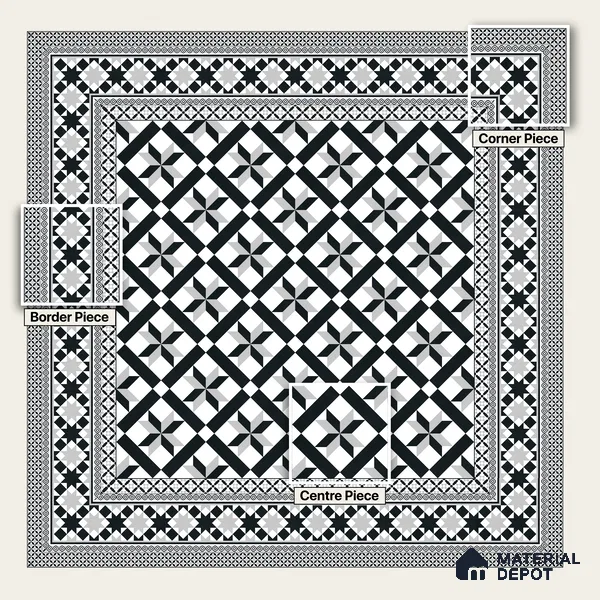 Moroccan Wall & Floor Carpet Corner Tile TL 11154 Monochrome Kasbah 1 ft x 1 ft Ceramic Matte Finish Tile - 10 mm | Suitable For Living Room, Kitchen, Dining Area