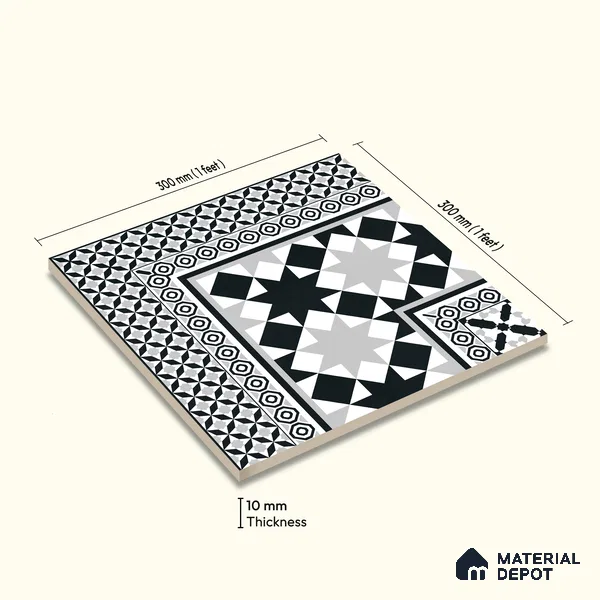 Moroccan Wall & Floor Carpet Corner Tile TL 11154 Monochrome Kasbah 1 ft x 1 ft Ceramic Matte Finish Tile - 10 mm | Suitable For Living Room, Kitchen, Dining Area