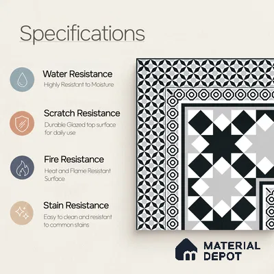 Moroccan Wall & Floor Carpet Corner Tile TL 11154 Monochrome Kasbah 1 ft x 1 ft Ceramic Matte Finish Tile - 10 mm | Suitable For Living Room, Kitchen, Dining Area