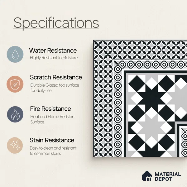 Moroccan Wall & Floor Carpet Corner Tile TL 11154 Monochrome Kasbah 1 ft x 1 ft Ceramic Matte Finish Tile - 10 mm | Suitable For Living Room, Kitchen, Dining Area