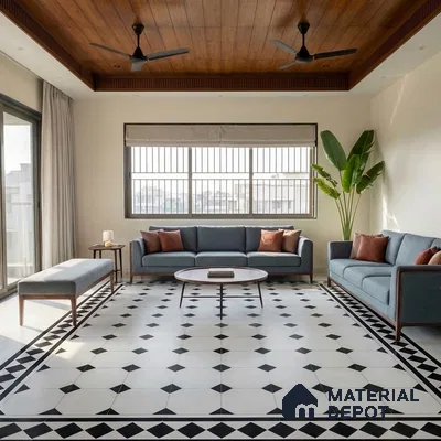 Moroccan Wall & Floor Carpet Border Tile TL 11156 Monochrome Deco 1 ft x 1 ft Ceramic Matte Finish Tile - 10 mm | Suitable For Living Room, Kitchen, Dining Area