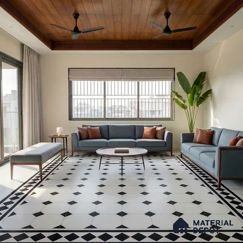 Moroccan Monochrome Wall & Floor Carpet Corner Tile TL 11157 Noir Lattice 1 ft x 1 ft Ceramic Matte Finish Tile - 10 mm | Suitable For Living Room, Kitchen, Dining Area