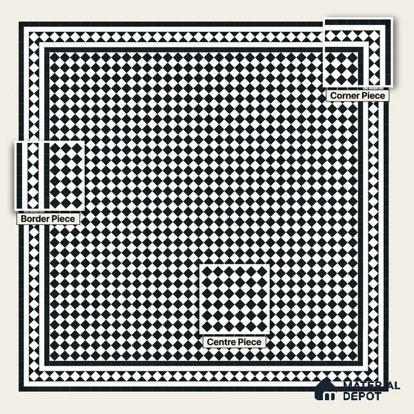 Moroccan Monochrome Wall & Floor Carpet Border Tile TL 11159 Noir Harlequin 1 ft x 1 ft Ceramic Matte Finish Tile - 10 mm | Suitable For Living Room, Kitchen, Dining Area