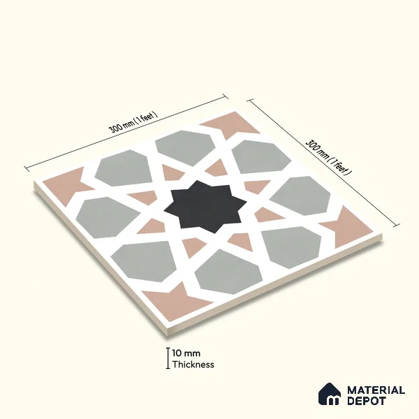 Moroccan Wall & Floor Carpet Center Tile TL 11164 Mosaic Starfall 1 ft x 1 ft Ceramic Matte Finish Tile - 10 mm | Suitable For Kitchen, Bathroom, Balcony