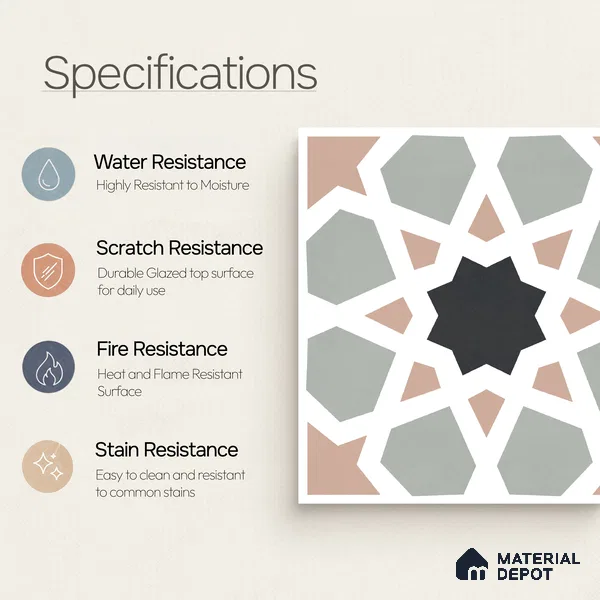 Moroccan Wall & Floor Carpet Center Tile TL 11164 Mosaic Starfall 1 ft x 1 ft Ceramic Matte Finish Tile - 10 mm | Suitable For Kitchen, Bathroom, Balcony