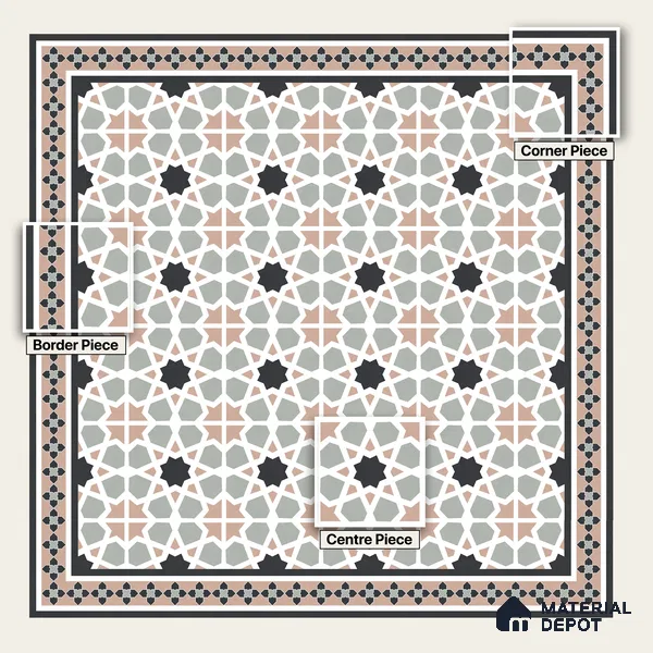 Moroccan Wall & Floor Carpet Corner Tile TL 11166 Rosette Mosaic 1 ft x 1 ft Ceramic Matte Finish Tile - 10 mm | Suitable For Kitchen, Bathroom, Balcony