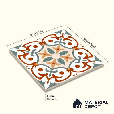 Moroccan Wall & Floor Carpet Center Tile TL 11167 Terra Vine 1 ft x 1 ft Ceramic Matte Finish Tile - 10 mm | Suitable For Kitchen, Bathroom, Balcony