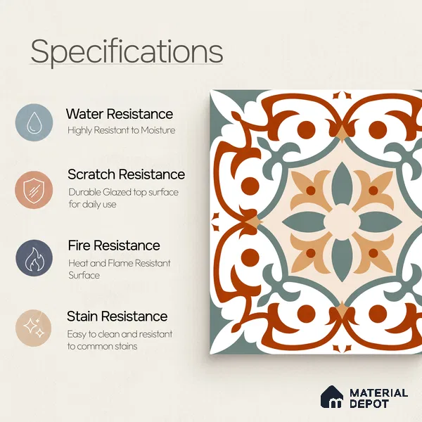 Moroccan Wall & Floor Carpet Center Tile TL 11167 Terra Vine 1 ft x 1 ft Ceramic Matte Finish Tile - 10 mm | Suitable For Kitchen, Bathroom, Balcony