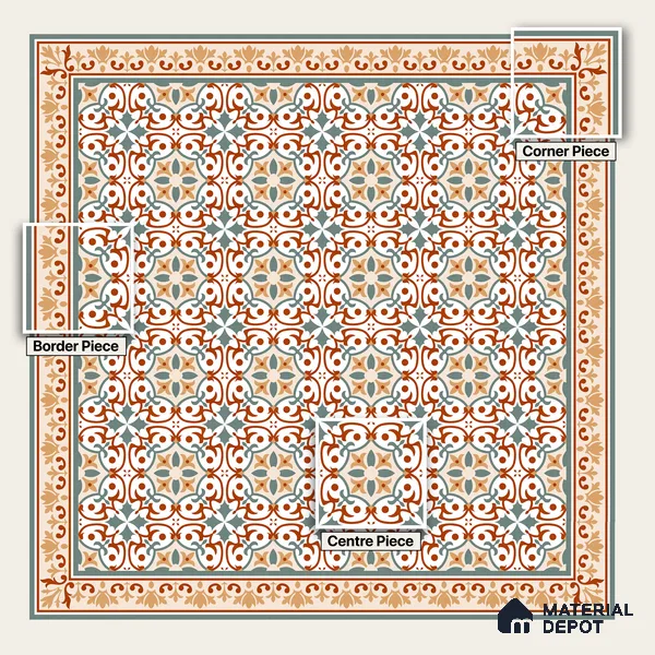 Moroccan Wall & Floor Carpet Border Tile TL 11168 Verdant Baroque 1 ft x 1 ft Ceramic Matte Finish Tile - 10 mm | Suitable For Kitchen, Bathroom, Balcony