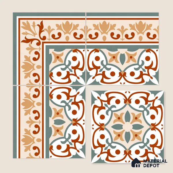 Moroccan Wall & Floor Carpet Border Tile TL 11168 Verdant Baroque 1 ft x 1 ft Ceramic Matte Finish Tile - 10 mm | Suitable For Kitchen, Bathroom, Balcony