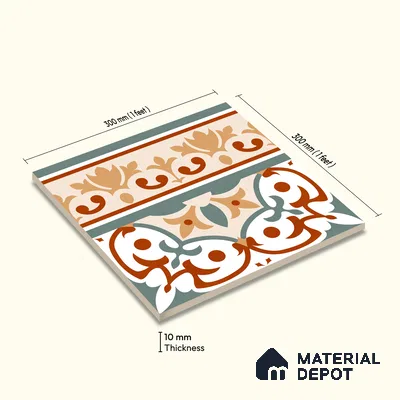 Moroccan Wall & Floor Carpet Border Tile TL 11168 Verdant Baroque 1 ft x 1 ft Ceramic Matte Finish Tile - 10 mm | Suitable For Kitchen, Bathroom, Balcony