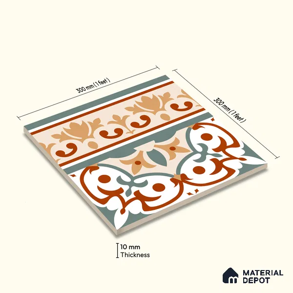 Moroccan Wall & Floor Carpet Border Tile TL 11168 Verdant Baroque 1 ft x 1 ft Ceramic Matte Finish Tile - 10 mm | Suitable For Kitchen, Bathroom, Balcony