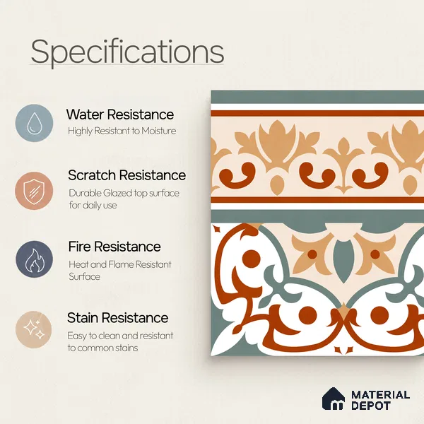 Moroccan Wall & Floor Carpet Border Tile TL 11168 Verdant Baroque 1 ft x 1 ft Ceramic Matte Finish Tile - 10 mm | Suitable For Kitchen, Bathroom, Balcony