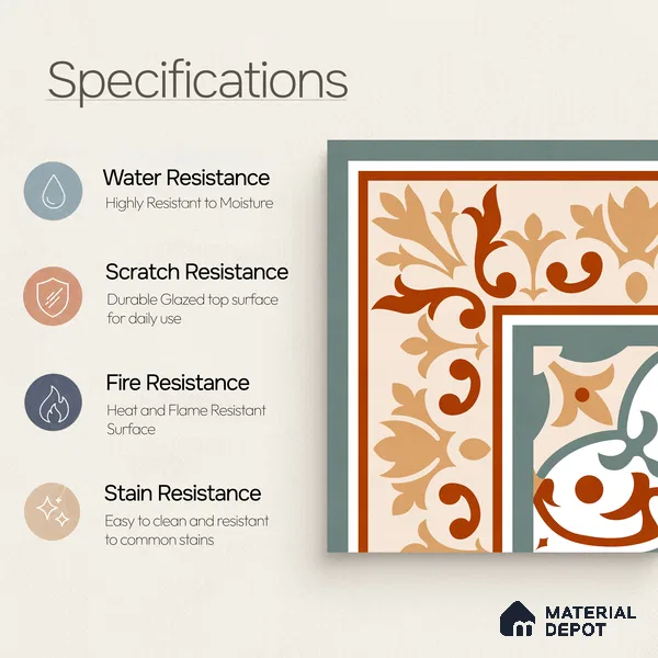 Moroccan Wall & Floor Carpet Corner Tile TL 11169 Terracotta Fleur 1 ft x 1 ft Ceramic Matte Finish Tile - 10 mm | Suitable For Kitchen, Bathroom, Balcony