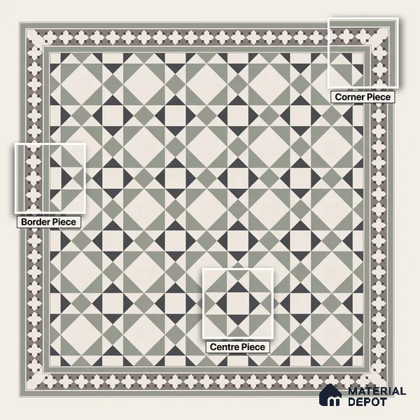 Moroccan Wall & Floor Carpet Center Tile TL 11170 Geometric Sage 1 ft x 1 ft Ceramic Matte Finish Tile - 10 mm | Suitable For Kitchen, Bathroom, Balcony