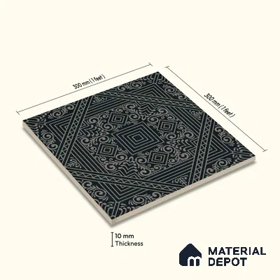 Moroccan Wall & Floor Carpet Center Tile TL 11173 Noir Tapestry 1 ft x 1 ft Ceramic Matte Finish Tile - 10 mm | Suitable For Kitchen, Bathroom, Dining Area
