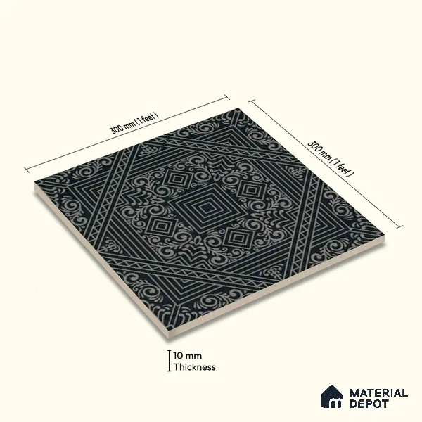Moroccan Wall & Floor Carpet Center Tile TL 11173 Noir Tapestry 1 ft x 1 ft Ceramic Matte Finish Tile - 10 mm | Suitable For Kitchen, Bathroom, Dining Area