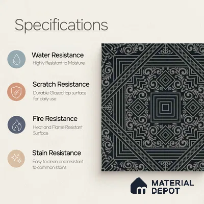 Moroccan Wall & Floor Carpet Center Tile TL 11173 Noir Tapestry 1 ft x 1 ft Ceramic Matte Finish Tile - 10 mm | Suitable For Kitchen, Bathroom, Dining Area