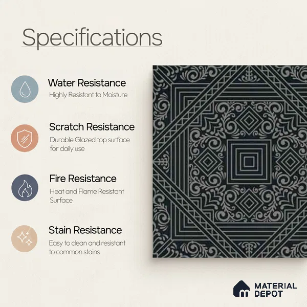 Moroccan Wall & Floor Carpet Center Tile TL 11173 Noir Tapestry 1 ft x 1 ft Ceramic Matte Finish Tile - 10 mm | Suitable For Kitchen, Bathroom, Dining Area