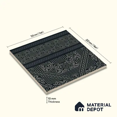 Moroccan Wall & Floor Carpet Border Tile TL 11174 Noir Tribal 1 ft x 1 ft Ceramic Matte Finish Tile - 10 mm | Suitable For Kitchen, Bathroom, Living Room