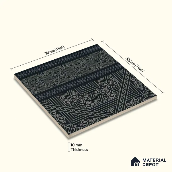 Moroccan Wall & Floor Carpet Border Tile TL 11174 Noir Tribal 1 ft x 1 ft Ceramic Matte Finish Tile - 10 mm | Suitable For Kitchen, Bathroom, Living Room