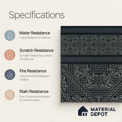 Moroccan Wall & Floor Carpet Border Tile TL 11174 Noir Tribal 1 ft x 1 ft Ceramic Matte Finish Tile - 10 mm | Suitable For Kitchen, Bathroom, Living Room
