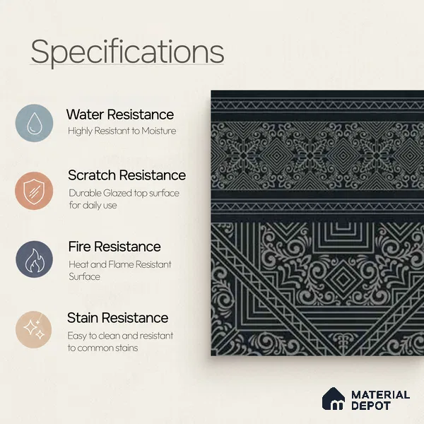 Moroccan Wall & Floor Carpet Border Tile TL 11174 Noir Tribal 1 ft x 1 ft Ceramic Matte Finish Tile - 10 mm | Suitable For Kitchen, Bathroom, Living Room