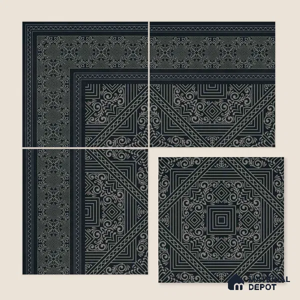 Moroccan Wall & Floor Carpet Corner Tile TL 11175 Noir Filigree 1 ft x 1 ft Ceramic Matte Finish Tile - 10 mm | Suitable For Kitchen, Bathroom, Living Room