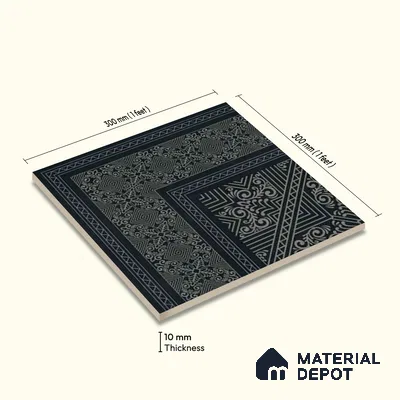 Moroccan Wall & Floor Carpet Corner Tile TL 11175 Noir Filigree 1 ft x 1 ft Ceramic Matte Finish Tile - 10 mm | Suitable For Kitchen, Bathroom, Living Room